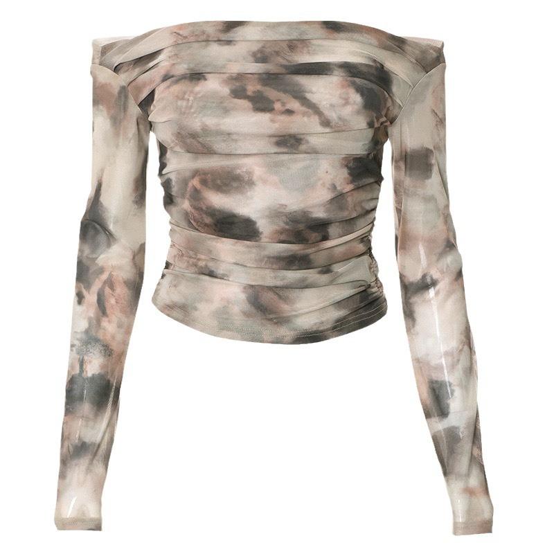European and American style tie-dye D printing sexy one-word shoulder pleated top off the navel slim T-shirt women's summer new