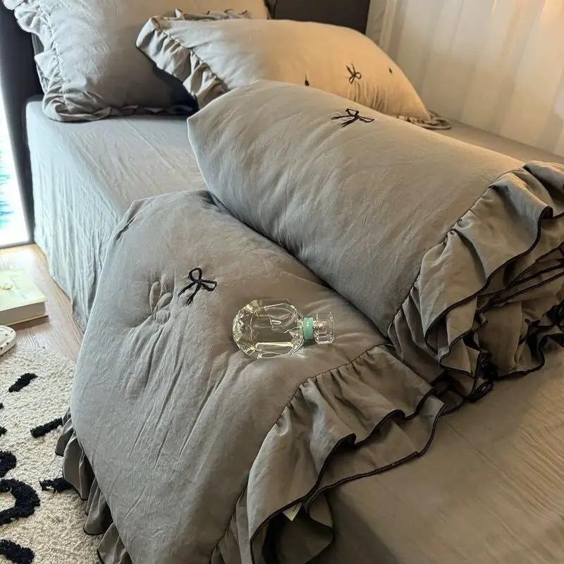 Korean Style Summer Cool Quilt Girl Lace Embroidered Bow Washed Cotton Simple Air Conditioning Quilt 1 pcs Hot Sale