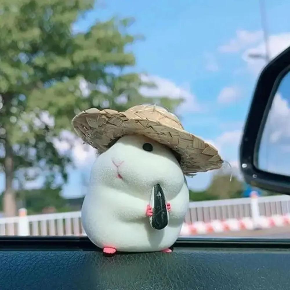 Kawaii Car Ornament Hamster With Straw Hat Hamster Toy Doll Auto Accessory Hamster Blind Box