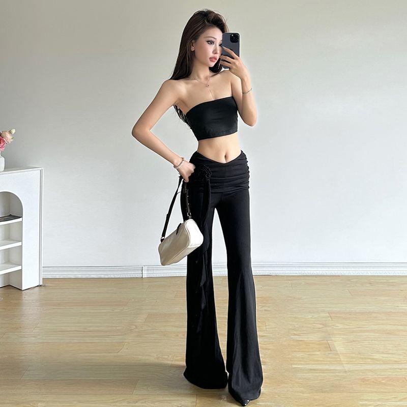 WHATIWEAR Modern Retro Style Three-dimensional Flower High Waist Micro-flare Trousers Streamer Slim Fit Casual Pants for Women