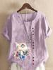 Women's Fashion Cute Cat Print Round Neck Short Sleeve T-shirt Summer Casual Cotton Linen Graphic Shirt Leisure Loose Blouse Tops