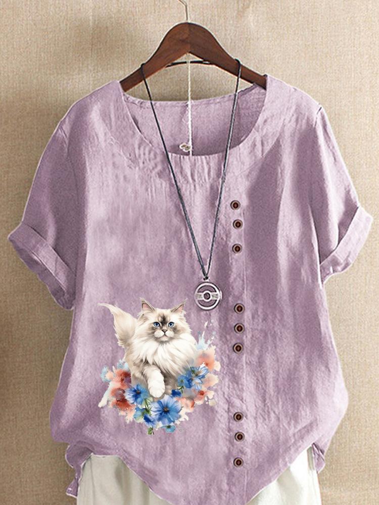 Women's Fashion Cute Cat Print Round Neck Short Sleeve T-shirt Summer Casual Cotton Linen Graphic Shirt Leisure Loose Blouse Tops