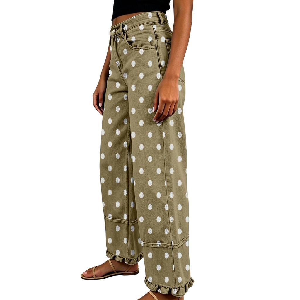 Women's Loose Fit Wide Leg Jeans Polka Dot Patchwork Distressed Denim