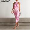 BITCED Women's Summer Sexy Halterneck Backless Printed Satin Holiday Beach Dress