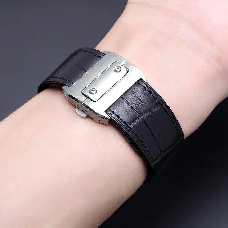 Genuine Leather Watch Band for Cartier Sandoz Strap Santos100 Men's Women's Folding Buckle Strap