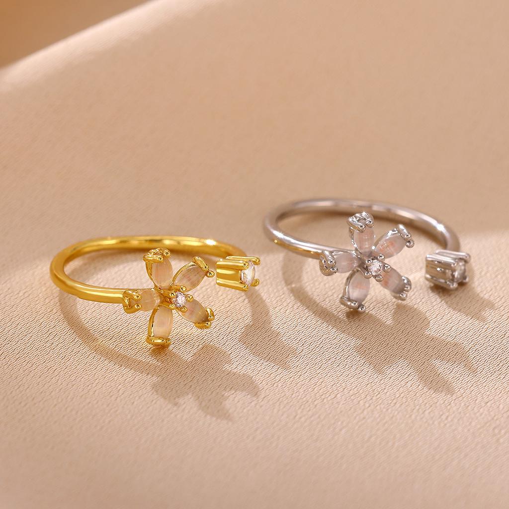 Opal Flower Rings For Women Cubic Zirconia Openning Stainless Steel Flower Ring Wedding Floral Aesthetic Jewelry anillos mujer