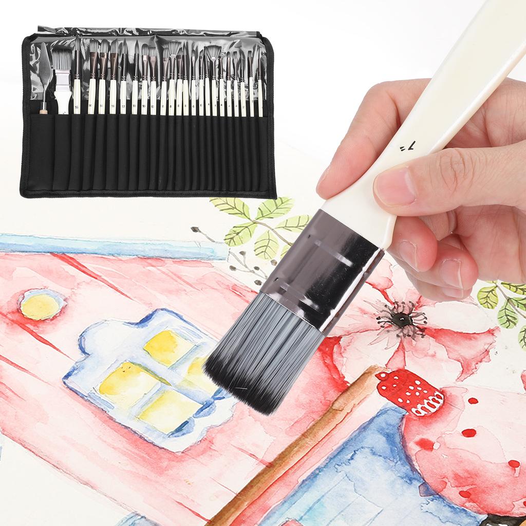 24Pcs Painting Brush Set Nylon Wool Wooden Handle with Bag for Acrylic Watercolor Paint