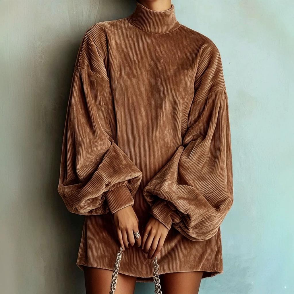 Women's Casual Solid Color Long-Sleeved Lantern Sleeve High-Neck Short Dress