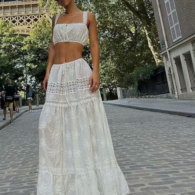 French Style One-Shoulder Lace Top & High-Waisted Patchwork Skirt Set 2024