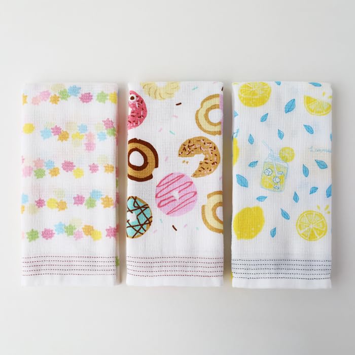 Kontex Tenugui Towels Set of 3 Face Towels Calendar and (61452-90) - (Cloth Designs Sugarcane, Donut, Lemonade)