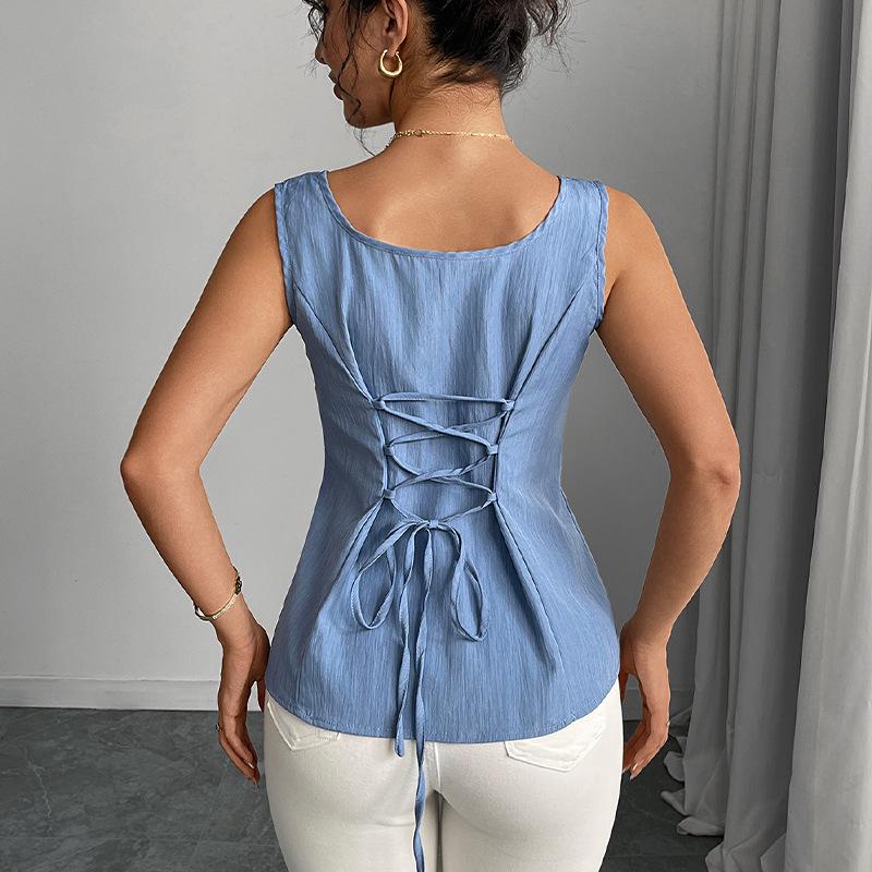 European & American Summer 2025 Sleeveless Drawstring Camisole - French Slim Pullover Vest for Women