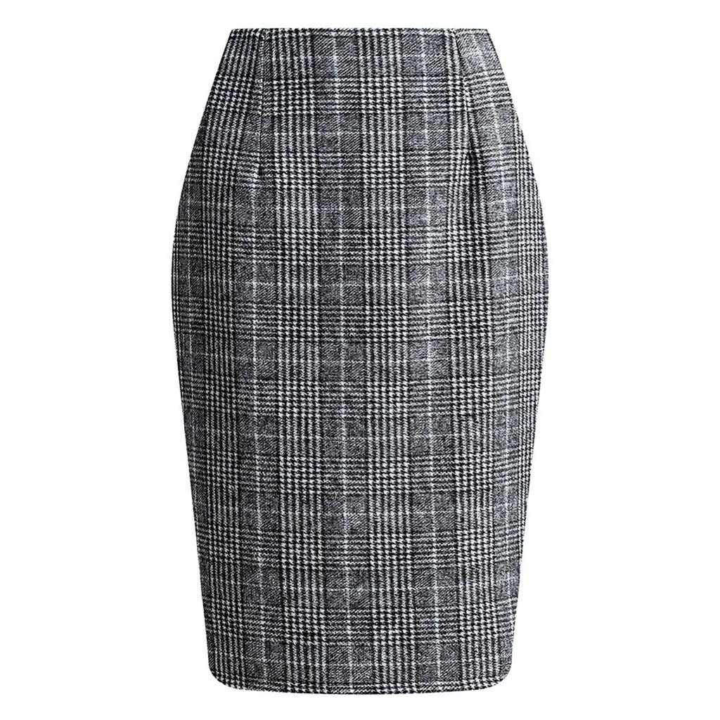 Women's High Waist Plaid Skirt Skinny Pencil Wool  Skirt
