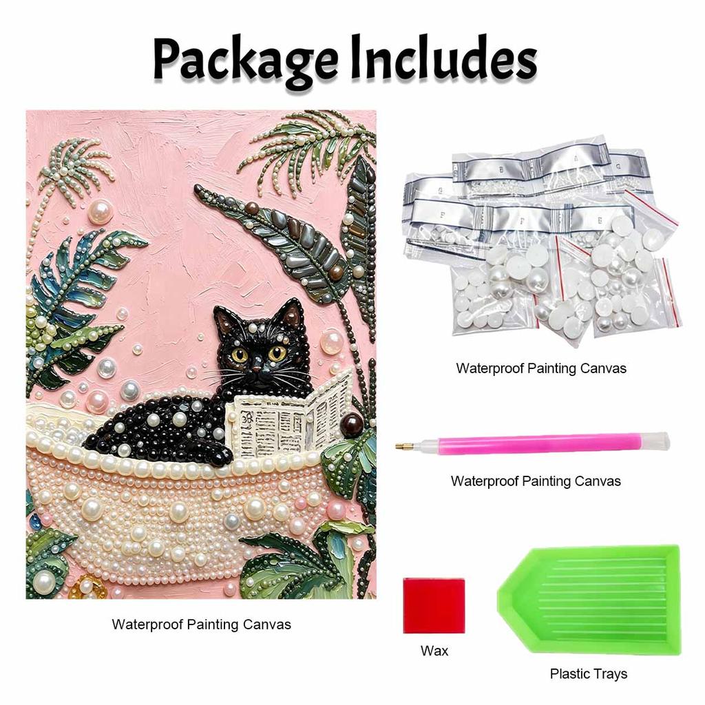 Elegant Framed Pearl Art DIY Set with Cute Black Cat Bathtub Design 5D Sparkling Bead Canvas Painting Ready to Display Romantic Home Decor Gift