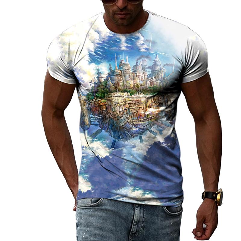 Summer Boys Cartoon Landscape Hand Painted Graphic T Shirts Men Casual 3D Taste Kawaii Printed Round Neck Short Sleeve Tees Tops