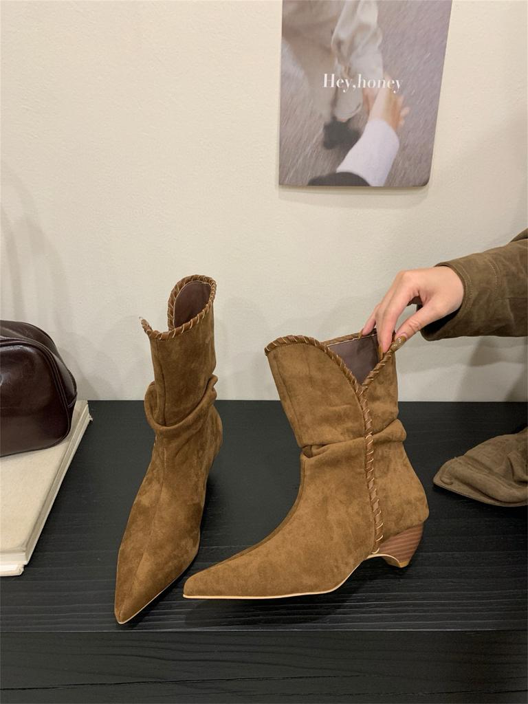 Heel Pointed Suede Pile Boots Medium Knight Boots Women's Boots 2025 Fall/Winter Western Cowboy Skinny Boots