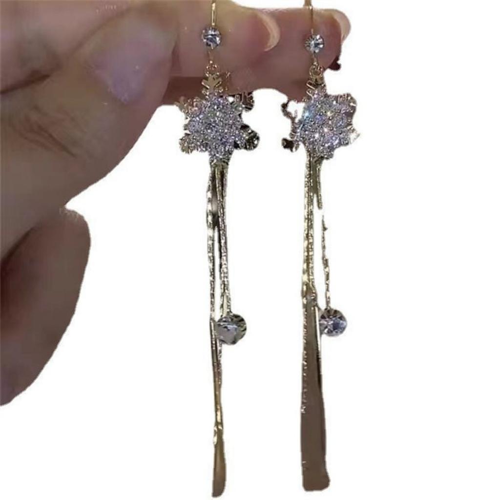 Elegant Christmas Inlaid Full Zircon Snowflake Long Fringe Drop Earrings Temperament Snow Flower Ear Line For Women Men Jewelry