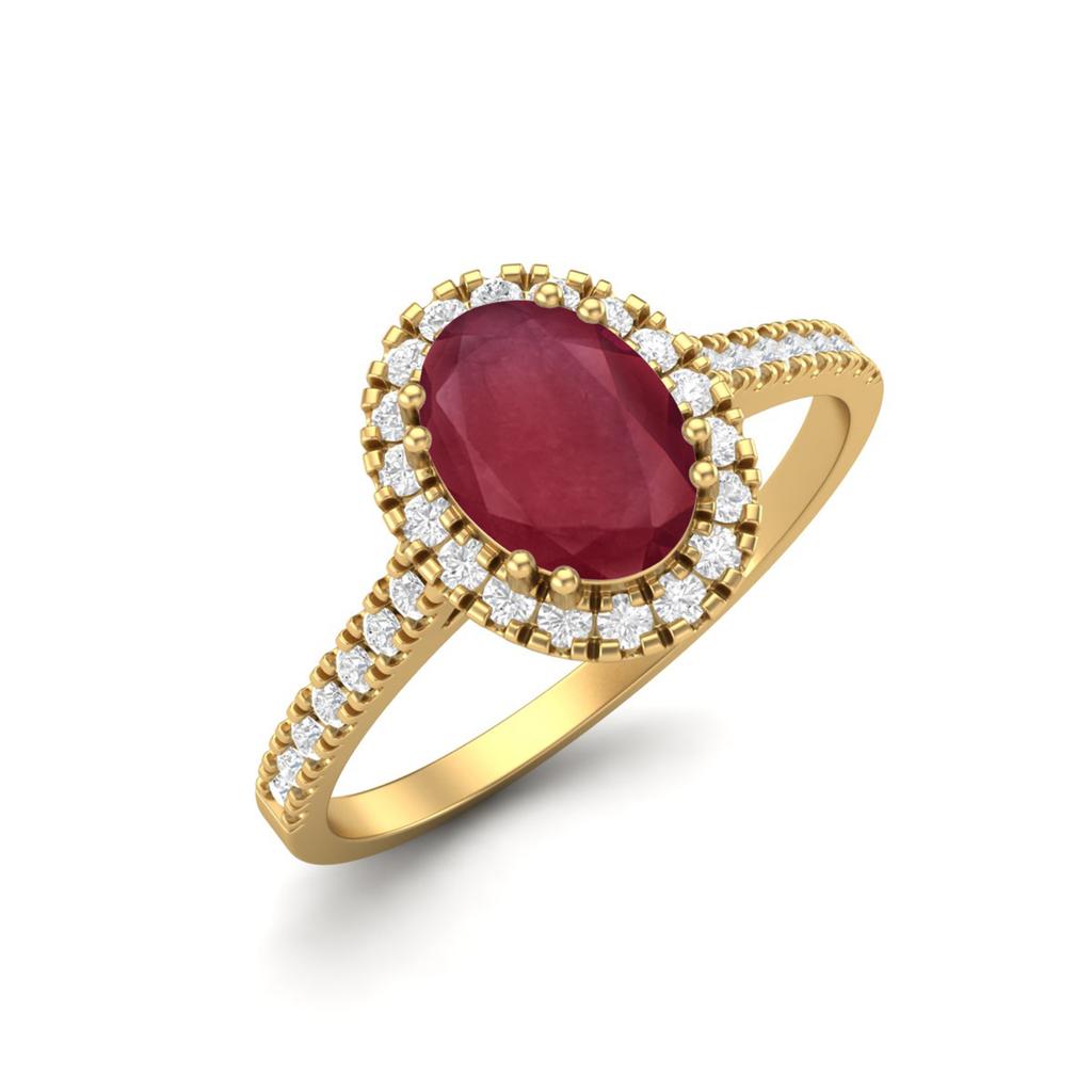 Solitaire 7x5 mm Oval Shape Ruby Halo 925 Sterling Silver Gold Vermeil Engagement Anniversary Ring