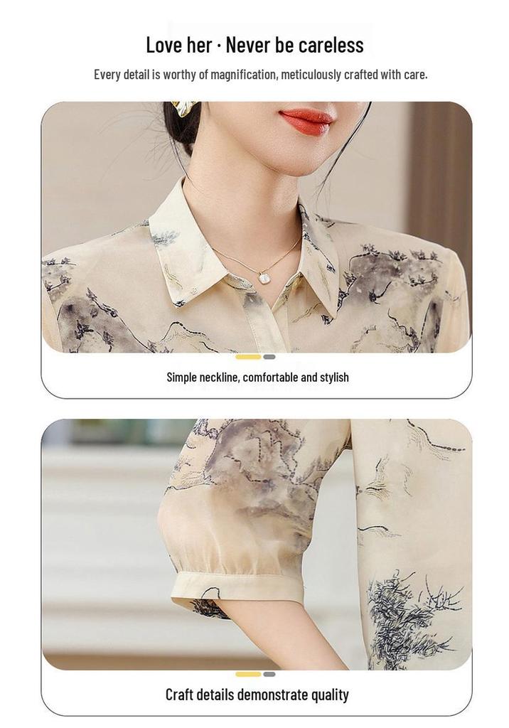 2026 Summer Seven-Sleeve Printed Imitation Silk Lapel Shirt for Women