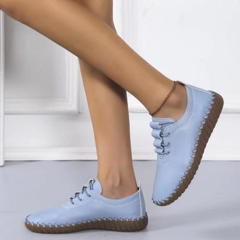 Flache Sneakers für Damen, Frühling, neue handgefertigte Näharbeit, echtes Leder, Kuhmuskel, weiche Unterseite, täglicher Schnürschuh für Damen, Freizeitschuhe