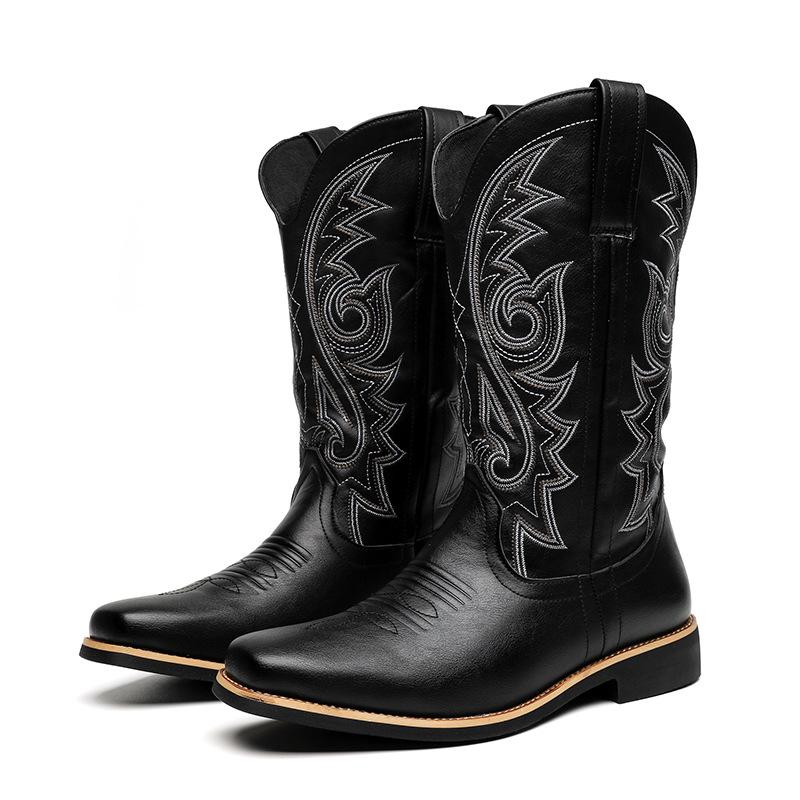 Men's Size 48 Leather High-Top Boots - Retro Cowboy Style for Spring, Autumn, and Winter