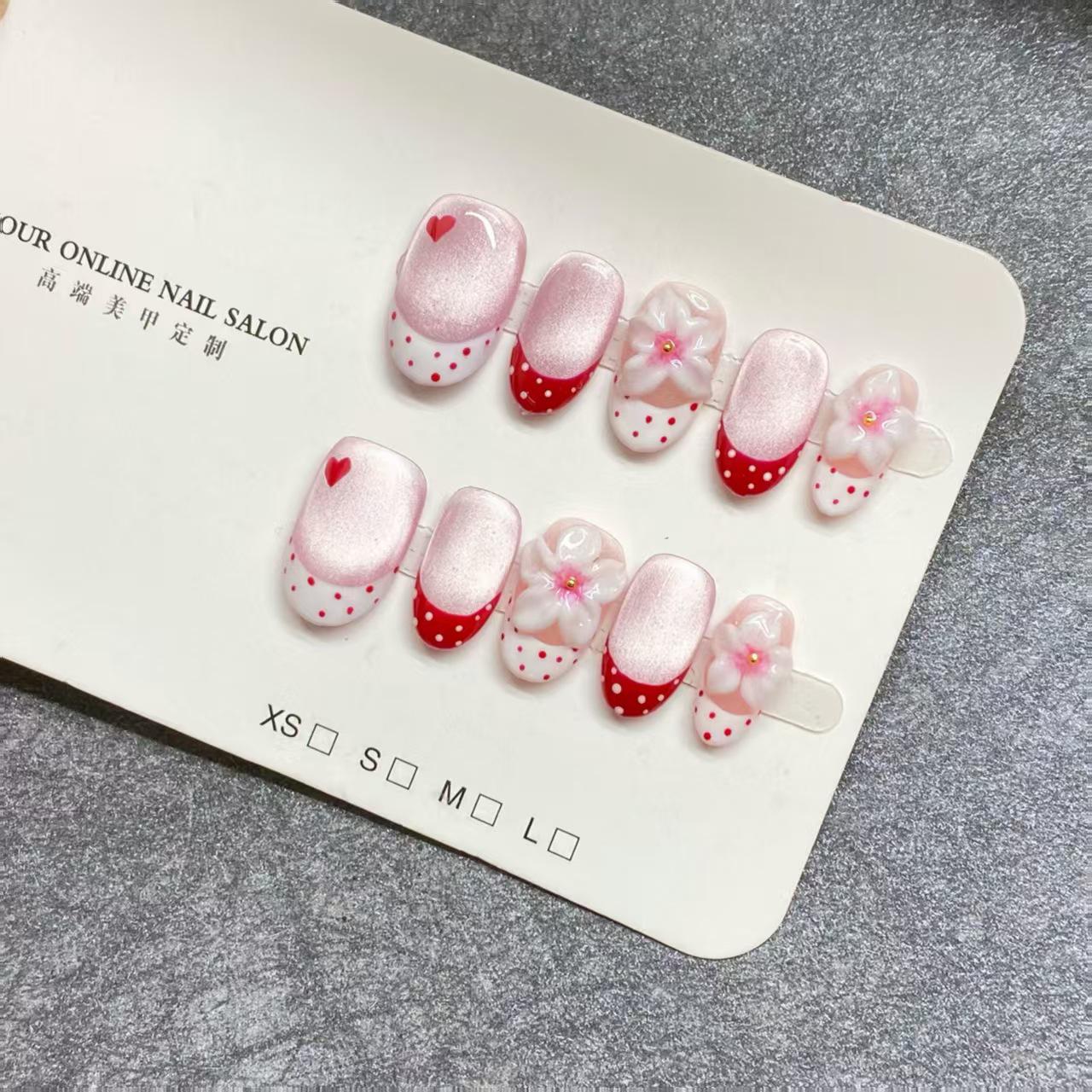 European & American Style Almond Teardrop Red French Press-On Nails with Polka Dots Extra Small