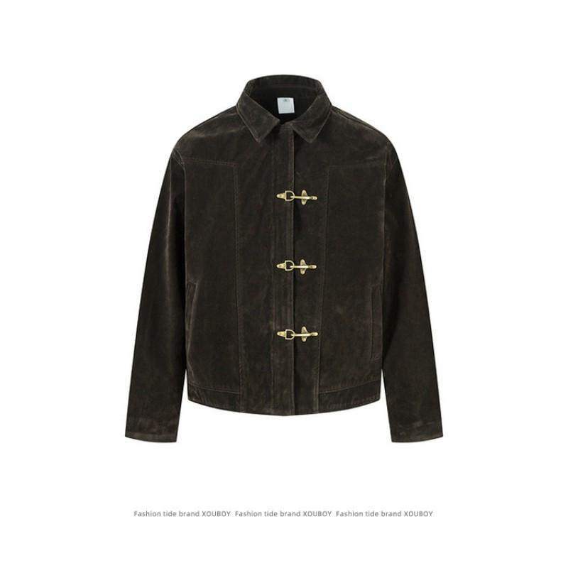 Unisex Vintage Suede-Style Cropped Jacket With Patchwork Detail Loose Fit Outerwear