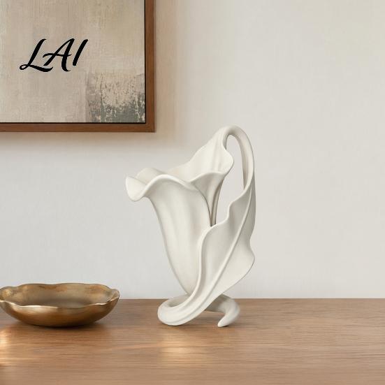 3D Printed Flower Vase Calla Lily Ornament Elegant Matte Off-White Holder with Stable Spiral Abstract Ceramic Look Base Minimalist Desktop Decor for