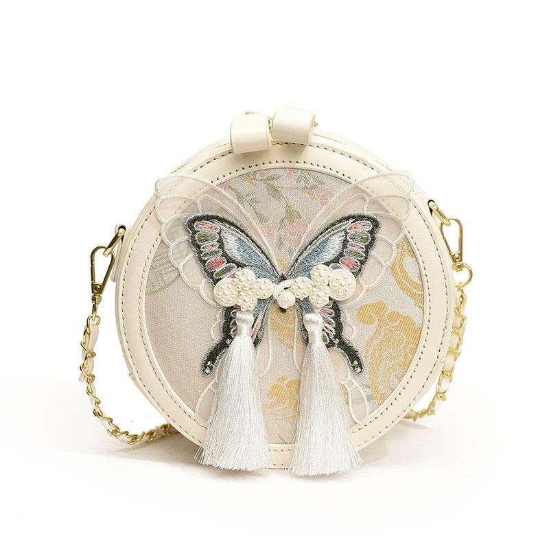 

Women s Tassel Small Round Shoulder Bag Embroidery Butterfly Chain Bag For Women Summer Handbag