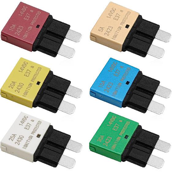 6PCS Manual Reset Low Circuit Breaker Blade Fuse E37-5A 10A 15A 20A 25A 30A Mini Fuse Circuit Breakers for Car Truck RV Automotive Marine Boat