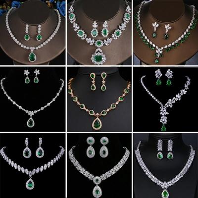 Ensemble de bijoux de luxe vert émeraude avec collier et boucles d'oreilles en zircone cubique brillante pour femme, ensemble de bijoux de mariée, cadeau Envio Gratis