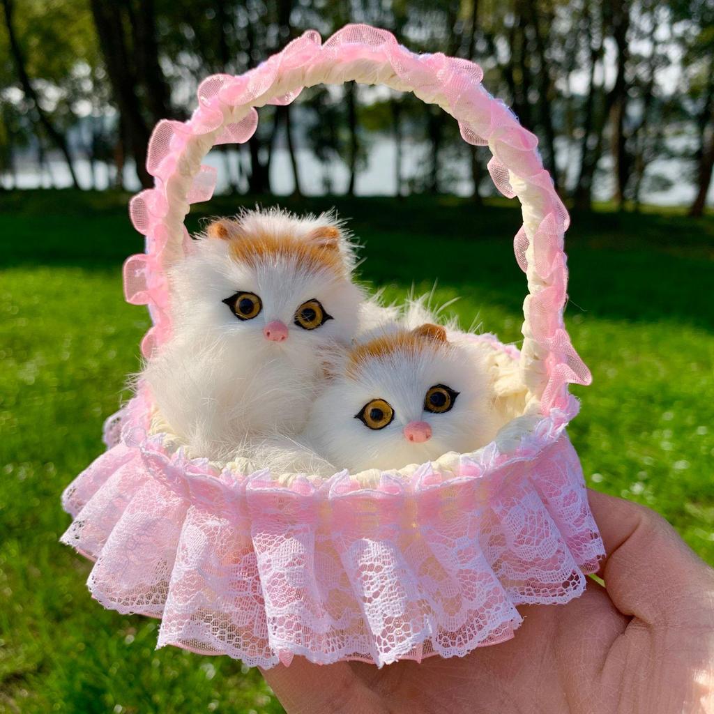 Mother Cat and Kitten with Basket Figurine - Toy Gift for Kids or Girlfriend