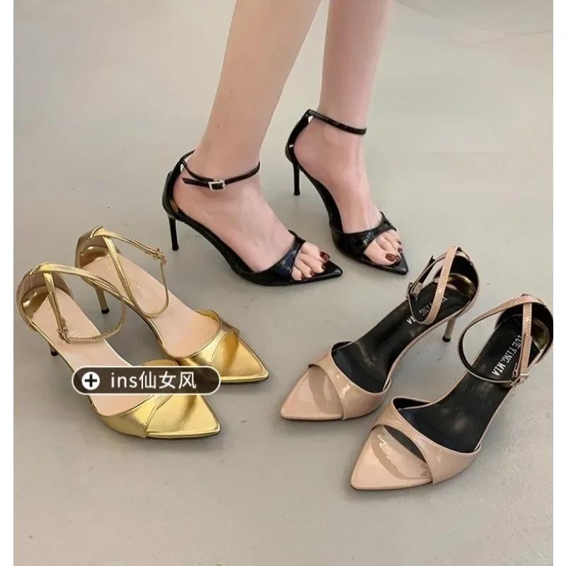 Fashion Summer Women's High Heels Open Toed Strap Solid Color Luxury Women's High Heel Dress Party Limited Edition Gold High Heels