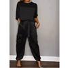 Spring and Summer Fashion Pure Color Patchwork Smooth Satin Half Sleeve Tops Loose Tappered Pants Casual Sports Two-Piece Suit