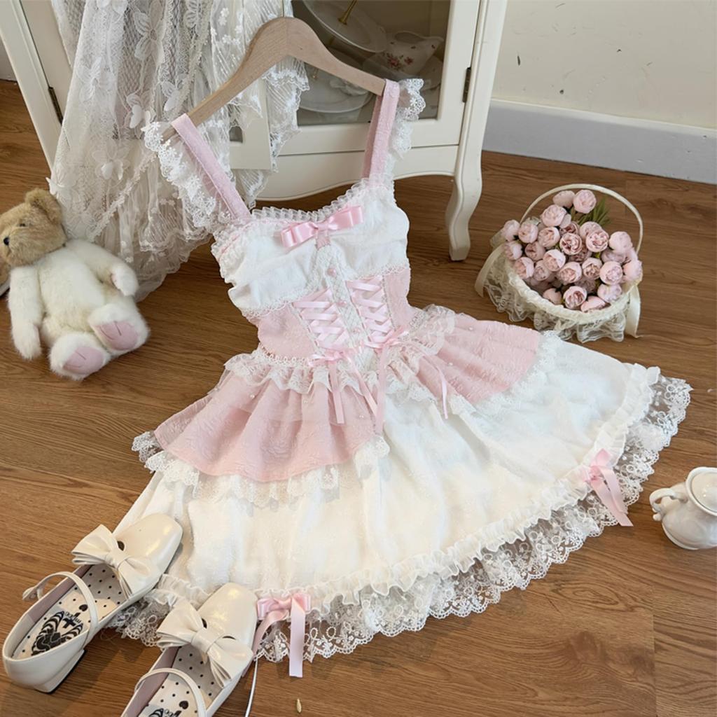 Toku and Yuu Lolita JSK Gothic Lolita Mori Girl Jumper Skirt with Lace Braided Mini Gothic Princess Cute Ribbon Mori Girl School Festival Size Dress,