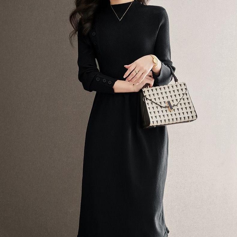 Rochie Tricotată de Toamnă și Iarnă pentru Femei Lungime Medie Rochie Pulover Culoare Solidă Pulover Tricotat cu Guler Mediu