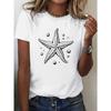 Hand Drawn Starfish and Stone Pure Women's Comfortable and Fit Harajuku Sleeve Casual Clothing Street Tops Clothes