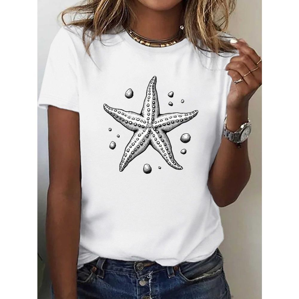 Hand Drawn Starfish and Stone Pure Women's Comfortable and Fit Harajuku Sleeve Casual Clothing Street Tops Clothes
