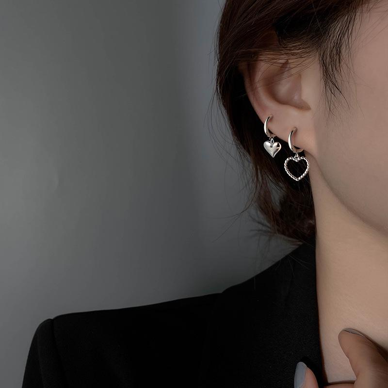 Korean Asymmetrical Heart Earrings: Retro Hollow Peach Design for Women