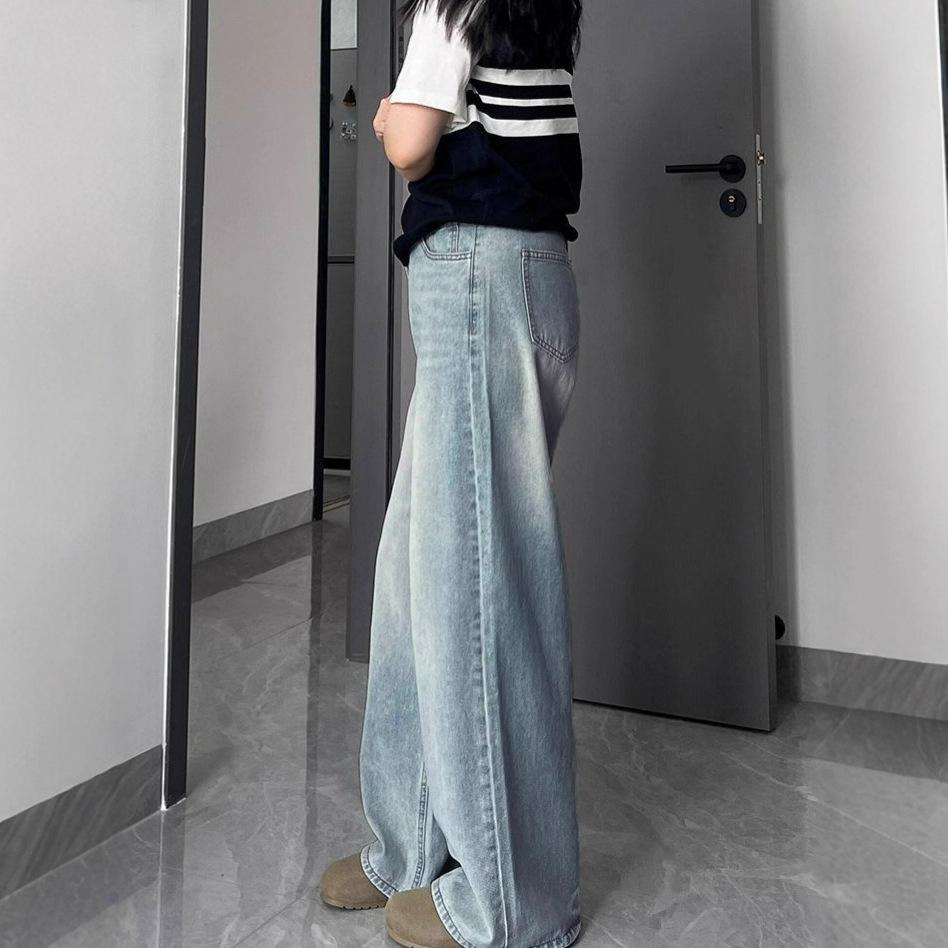 Big Yards Straight Light Blue Jeans Women's Spring High-waisted Loose Drag Ground Hundreds of Matching Thin Drapey Broad-legged Trousers Denim Pants