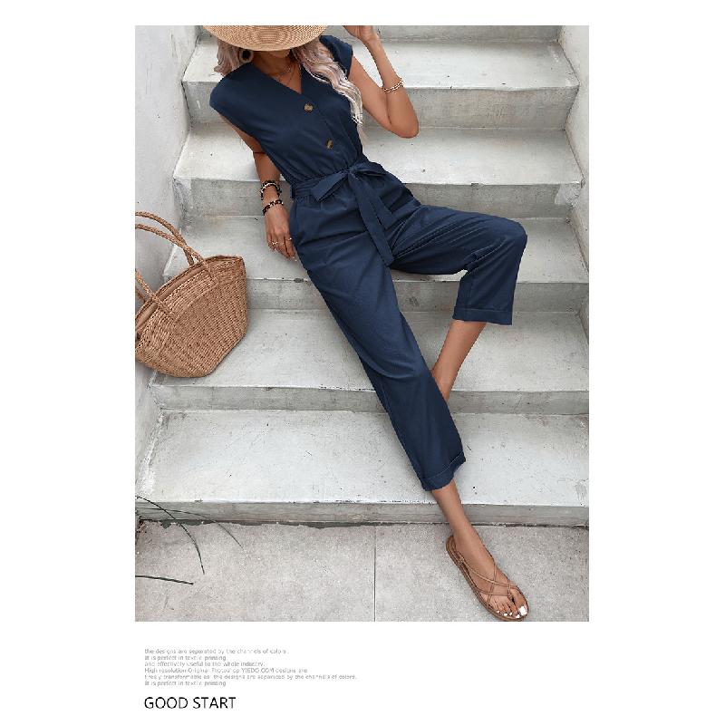 2026 Summer Sleeveless V-Neck Nine-Point Waist-Cinching Women's Casual Versatile Jumpsuit