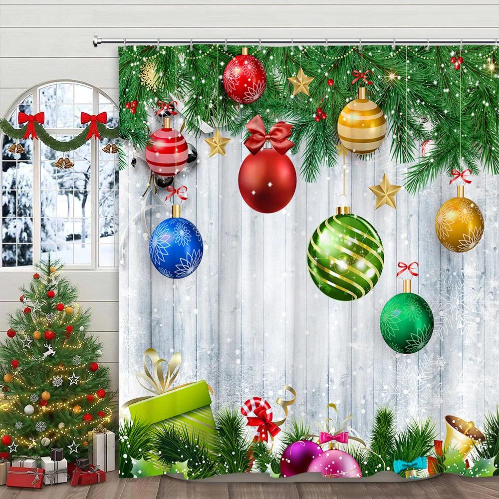 Perdea de duș cu glob de Crăciun, Brad de Crăciun, Cadou, Iarnă, Fulg de zăpadă, Desene animate, Familie, Material poliester, Decor baie, Perdele