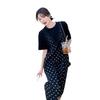 Abito a due pezzi con pois neri e patchwork, estate 2024 - Stile coreano, Vestibilità ampia e slim, Dolce gonna lunga per donna