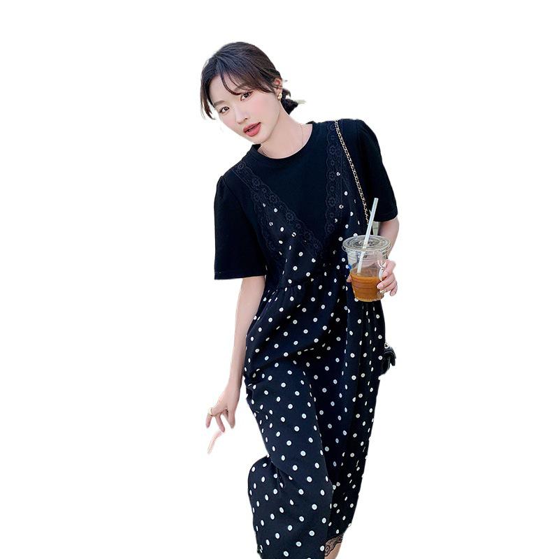 Abito a due pezzi con pois neri e patchwork, estate 2024 - Stile coreano, Vestibilità ampia e slim, Dolce gonna lunga per donna