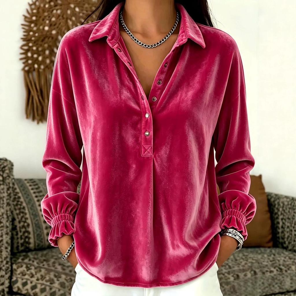 European and American Loose Button Casual Velvet Long Sleeve Polo Collar Shirt