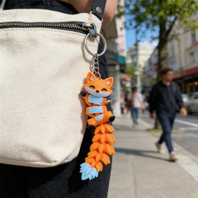 Schlüsselanhänger Cartoon Katze Fuchs Design Schlüsselanhänger Anhänger mit Metallring 3D Gedruckt Bewegliche Gelenke Flexibler Körper Schwanz Schlüsselanhänger
