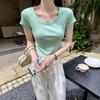Camiseta de algodón puro de color liso con cuello en U y hombros descubiertos para mujer, nueva camiseta de verano, corta y ajustada.