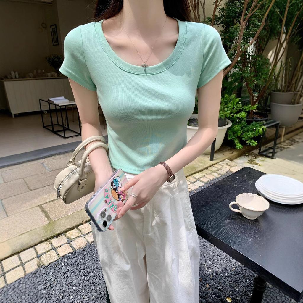 Camiseta de algodón puro de color liso con cuello en U y hombros descubiertos para mujer, nueva camiseta de verano, corta y ajustada.