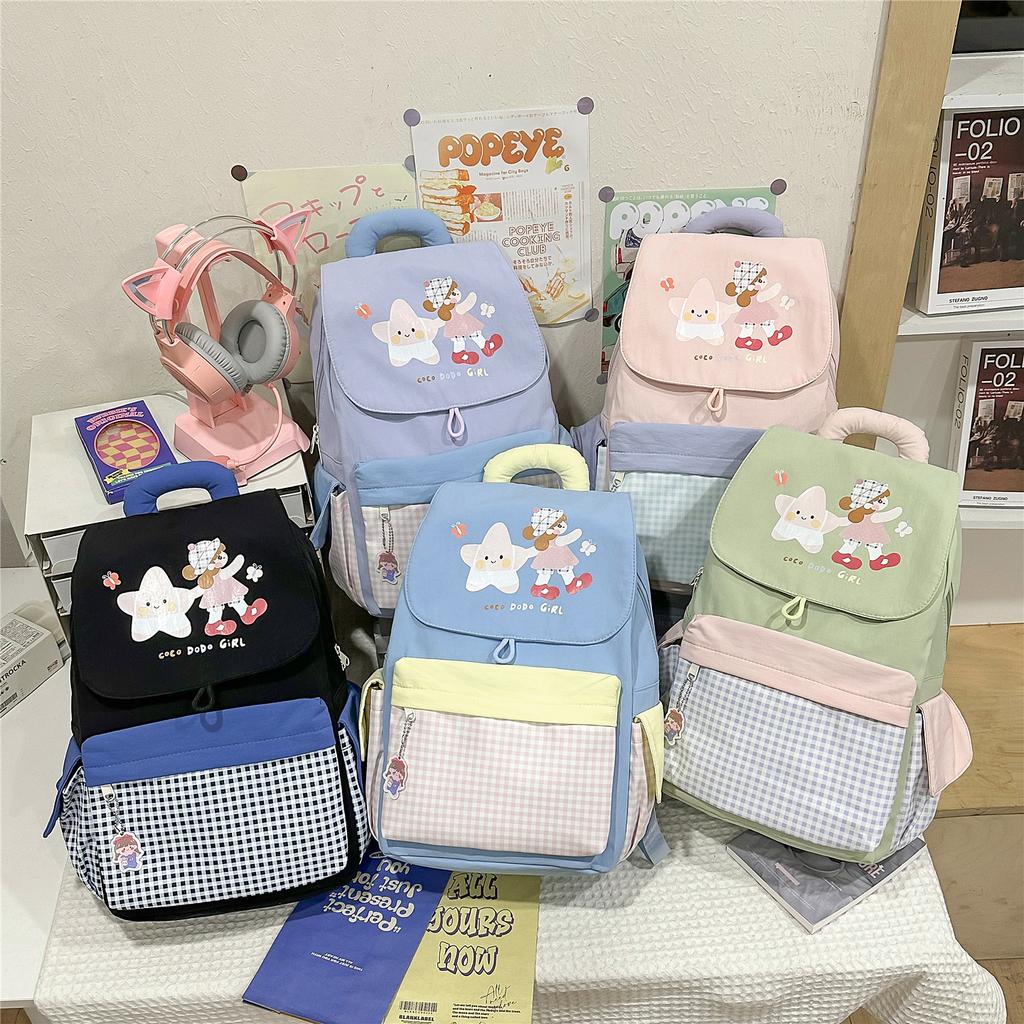 Schoolbag Japanese Cartoon Cute Little Girl Backpack Female Niche Design Retro Versatile Plaid Large Capacity Student Schoolbag