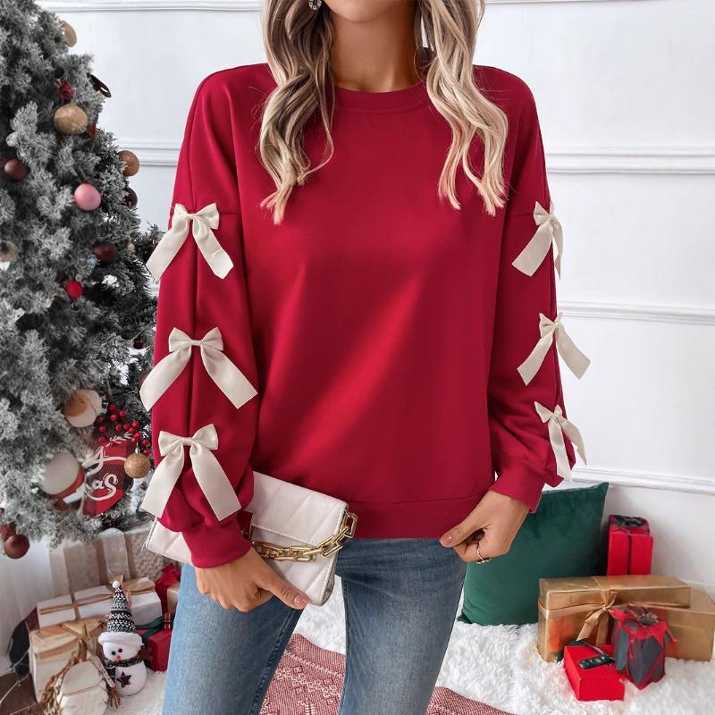 Women S Red Bow Crew Neck Long Sleeve Casual Sweatshirt