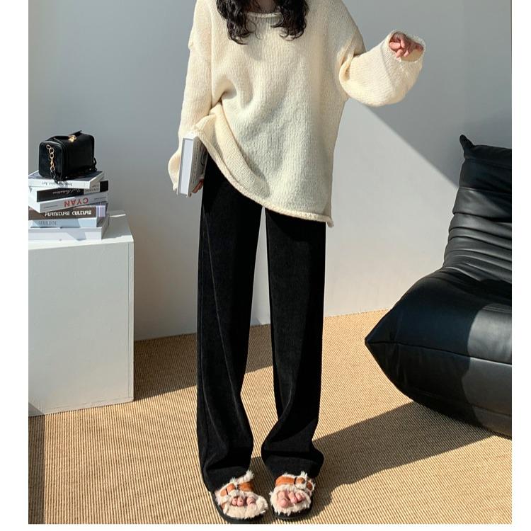 Autumn Women's Black Velvet Wide Leg Trousers for Outwear